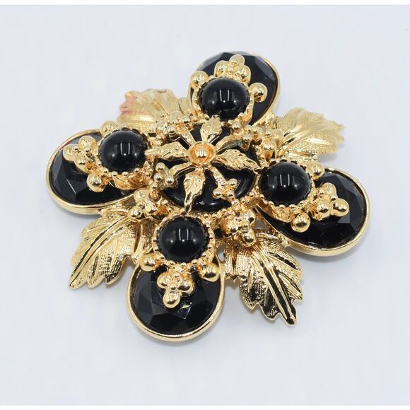 Y2K ST. JOHN Designer Black & Gold Cabochon Maltese Cross Crest Brooch Pin